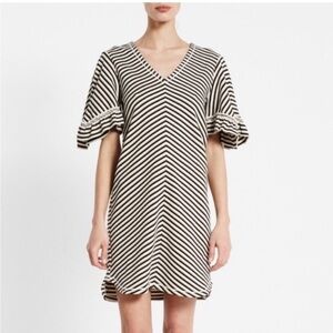 See by Chloé Striped Navy & Cream A-line Dress with Short Ruffle Sleeves Sz s